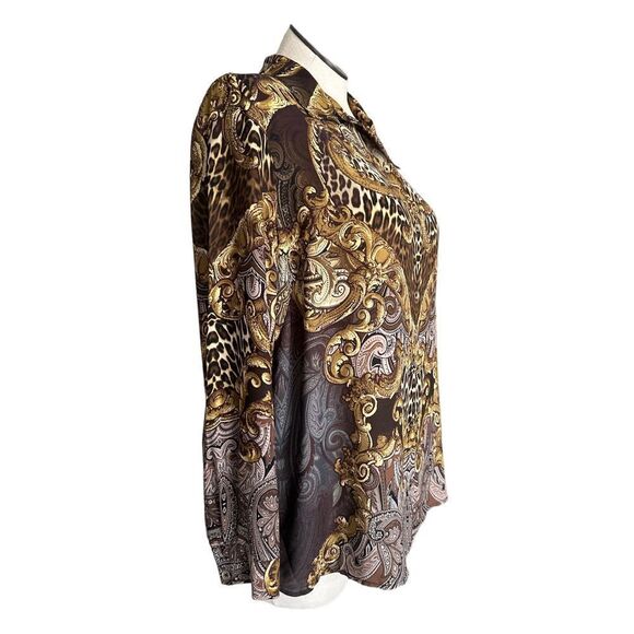 Susan Graver‎ Women’s Brown Printed Collared Long Sleeve Blouse Size 18 - Picture 3 of 7